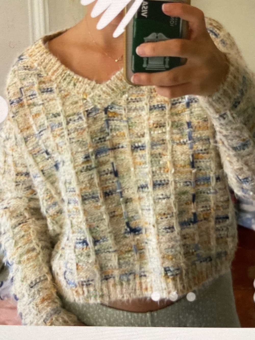 Storia by Anthropologie Cropped Multi-colored V-neck Eyelash Sweater, Medium